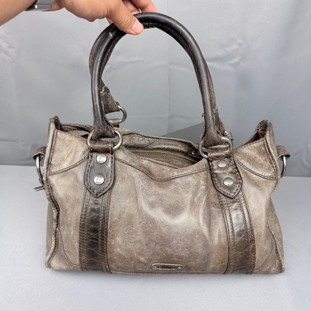 Frye Melissa Satchel Handbag Distressed Taupe Grey Leather Vintage Style Bag